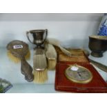 A SILVER HALLMARKED TROPHY CUP, A VANITY SET, ETC.