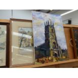 A WATERCOLOUR BY WHITTINGTON AND AN OIL PAINTING OF A CHURCH.
