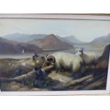 AN OIL ON CANVAS HIGHLAND LANDSCAPE WITH SHEEP.