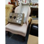 A VICTORIAN NURSING CHAIR, A WALL SHELF AND A SMALL CABINET.