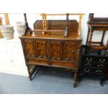A SMALL OAK SIDEBOARD, A STOOL, A PAINTED THREE DRAWER SMALL CHEST AND A SIDE CHAIR.
