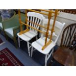 TWO LOOM CHAIRS, THREE KITCHEN CHAIRS AND A TOWEL RAIL.