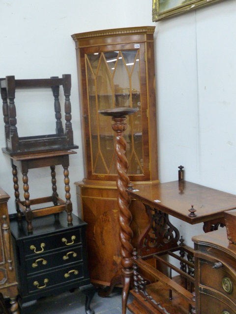 A YEW WOOD CORNER CABINET AND A TORCHERE.