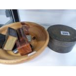 A SET OF CASED WOODEN DICE, A MATCHBOX HOLDER, TWO VESTAS, ETC.