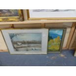 A SMALL WINTER SCENE PASTEL BY B A GAMMANS AND A PRINT.