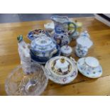 A VICTORIAN IRONSTONE JUG, DRESDEN COVERED JARS AND OTHER CHINA AND GLASSWARE.