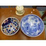 TWO LARGE VICTORIAN BOWLS AND A TEAPOT.