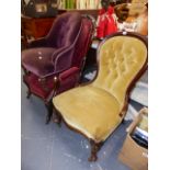 TWO VICTORIAN NURSING CHAIRS AND A SHOW FRAME ARMCHAIR.