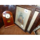 FOUR PRINTS AND A MANTLE CLOCK.