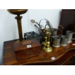 A REGENCY TEA CADDY, AN OIL LAMP, VARIOUS METALWARES,ETC.