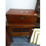 A VICTORIAN WRITING BOX AND A MAHOGANY BEDSIDE CABINET.