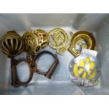 HORSE BRASSES, EARLY HANDCUFFS, AN AA BADGE, ETC.