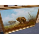 A LARGE OIL PAINTING CHARGING ELEPHANTS BY J CARLEY.