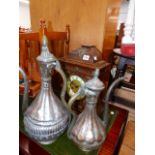 A VICTORIAN MANTLE CLOCK AND TWO TURKISH KETTLES.