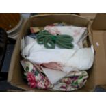 A LARGE BOX OF TEXTILES.