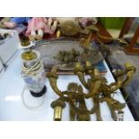 A SET OF BRASS WALL LIGHTS, CHANDELIER, PLATED TRAY,ETC.