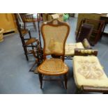 A VICTORIAN CANE SEAT BEDROOM CHAIR.
