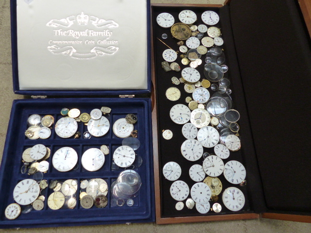 A LARGE COLLECTION OF WATCH MOVEMENTS, GLASSES ETC.