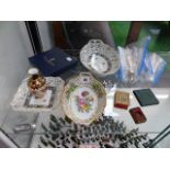 A ROYAL CROWN DERBY VASE, TWO MINIATURE BOOKS, PLATED CUTLERY, A DRESDEN BOWL,ETC.
