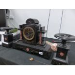 A VICTORIAN SLATE AND MARBLE CLOCK GARNITURE.