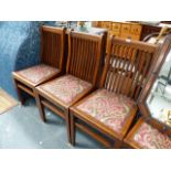 A SET OF SIX ARTS AND CRAFTS OAK DINING CHAIRS.