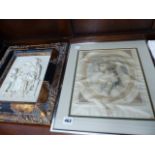 AN ANTIQUE PRINT AND A RELIEF PLAQUE IN DECORATIVE FRAME.