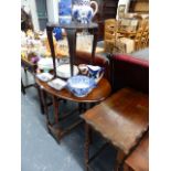 AN OAK GATELEG TABLE, A PLANTSTAND AND AN OAK BARLEY TWIST SIDE TABLE.