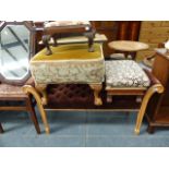 A BUTTON UPHOLSTERED WINDOW SEAT, THREE STOOLS AND A SMALL BOOKCASE.