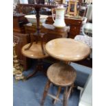 TWO TRIPOD TABLES, A STOOL AND AN OCCASIONAL TABLE.