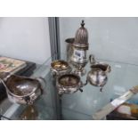 A PAIR OF HALLMARKED SILVER SALTS, A SUGAR CASTER AND OTHER SILVER WARES.