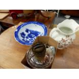 A WASH JUG AND BOWL AND AN OIL LAMP.