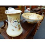 A WASH JUG AND BOWL SET AND AN OAK FRAMED MIRROR.