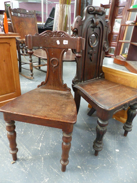 TWO VICTORIAN OAK HALL CHAIRS.