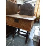 AN 18th.C.OAK PANEL BACK CHAIR AND AN OAK BIBLE BOX.