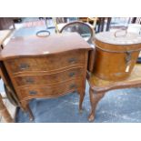 A WALNUT THREE DRAWER SIDE TABLE AND A COFFEE TABLE.