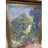 AN OIL ON BOARD GARDEN SCENE.