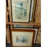 THREE VENETIAN SCENE WATERCOLOURS, A SIGNED ETCHING AND OTHER PICTURES.