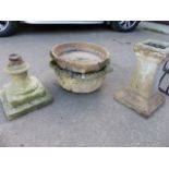 A POTTERY BIRD BATH AND A GARDEN PLANTER.