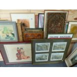 A LARGE QTY OF DECORATIVE FURNISHING PRINTS AND OTHER PRINTS AND TWO EASTERN PANELS.