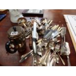 A QTY OF PLATED CUTLERY,ETC.