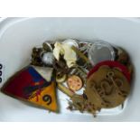 A COLLECTION OF MILITARY BADGES AND VARIOUS COINS.