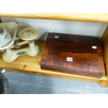 A VICTORIAN ROSEWOOD WRITING BOX AND A SET OF SCALES.