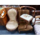 A VICTORIAN NURSING CHAIR, AN OAK FRAMED LADIES CHAIR AND AN INLAID ARMCHAIR.