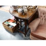 A GEORGIAN OAK GATELEG TABLE, A REGENCY SIDE CHAIR AND A TRIPOD TABLE.