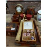 A VICTORIAN MANTLE CLOCK, VARIOUS TREEN BOXES,ETC.