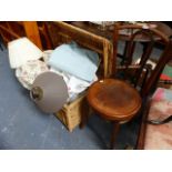 A BENTWOOD SIDE CHAIR, VARIOUS TABLE LAMPS AND A RATTAN LINEN BOX.