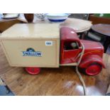 A TIN PLATE AND WOODEN TOY LORRY.