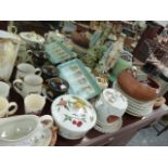 A LARGE PORCELAIN FIGURINE, A PIQUOTWARE TEASET, CHINAWARES,ETC.