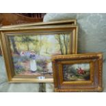 A PAIR OF PRINTS TOGETHER WITH A GILT FRAMED HUNTING SCENE.