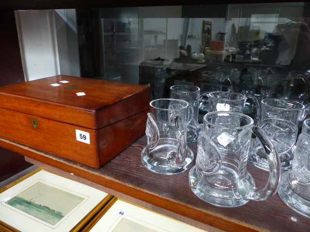 A VICTORIAN WRITING BOX AND COMMEMORATIVE TANKARDS.